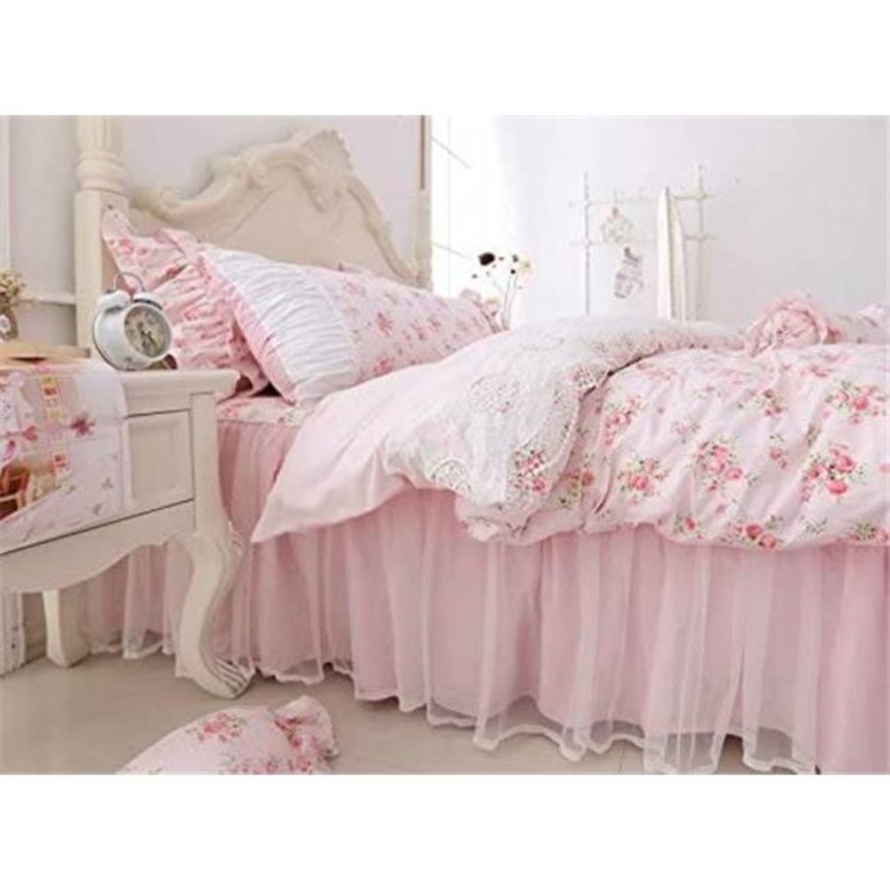 Floral Rose Print Duvet Cover Set Light Pink Lace Ruffle Floral Shabby Chic NWT - Picture 3 of 7